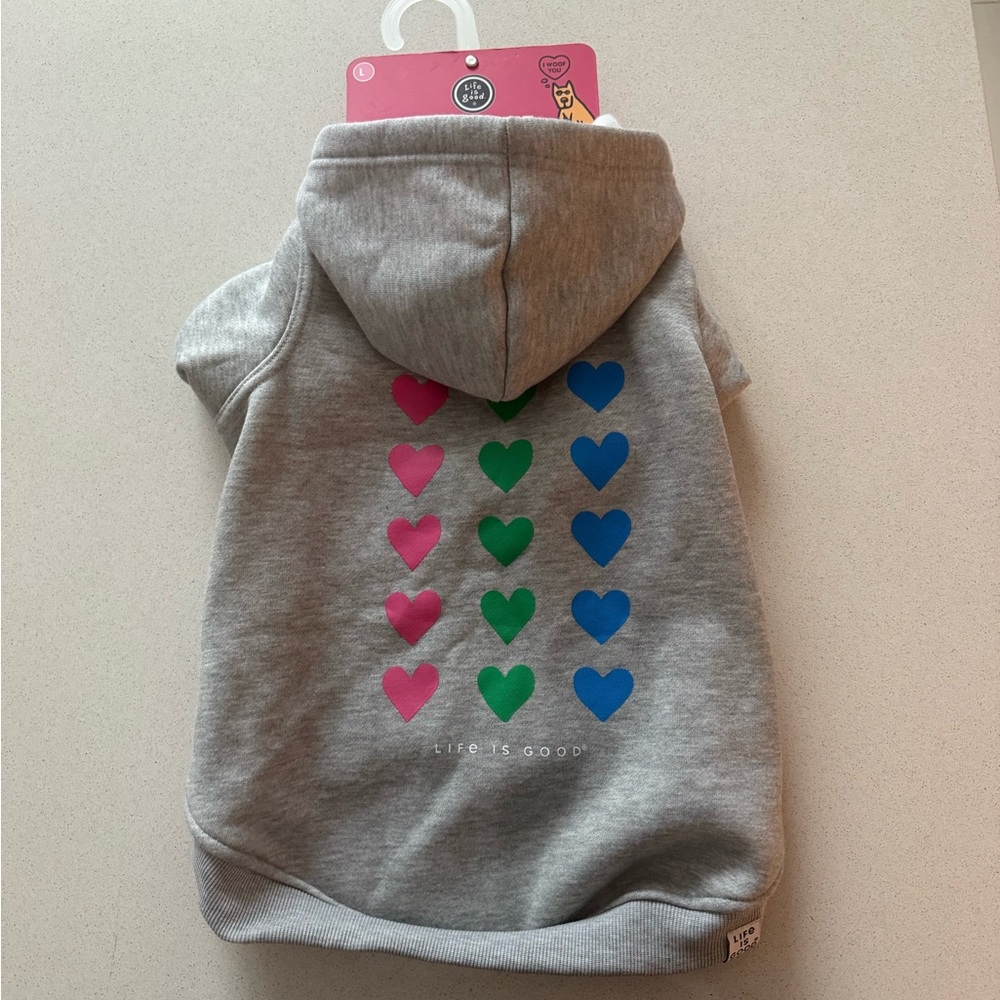 Gray Life is Good Dog Hoodie with Colorful Hearts